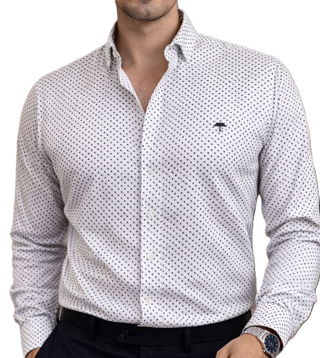 Camisa Hombre Casual Blanca Mini Círculos Negros