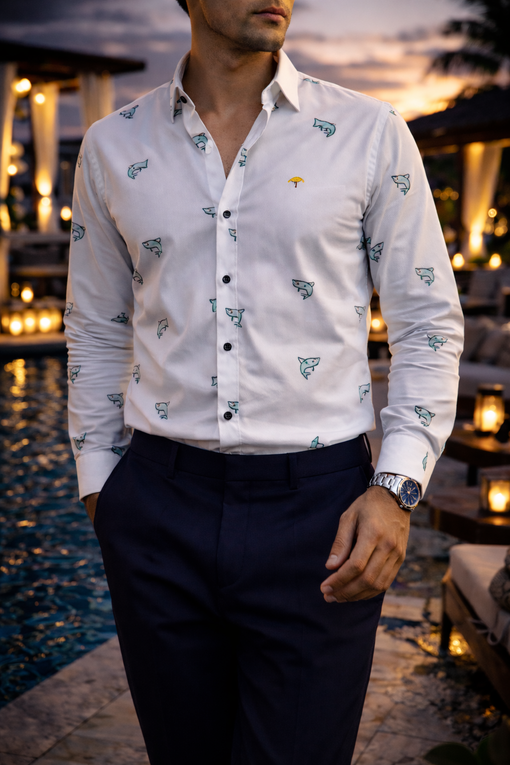 Camisa Hombre Casual Blanca Mini Figuras Tiburones