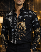 Camisa Hombre Casual Negra Leones Figuras Blancas