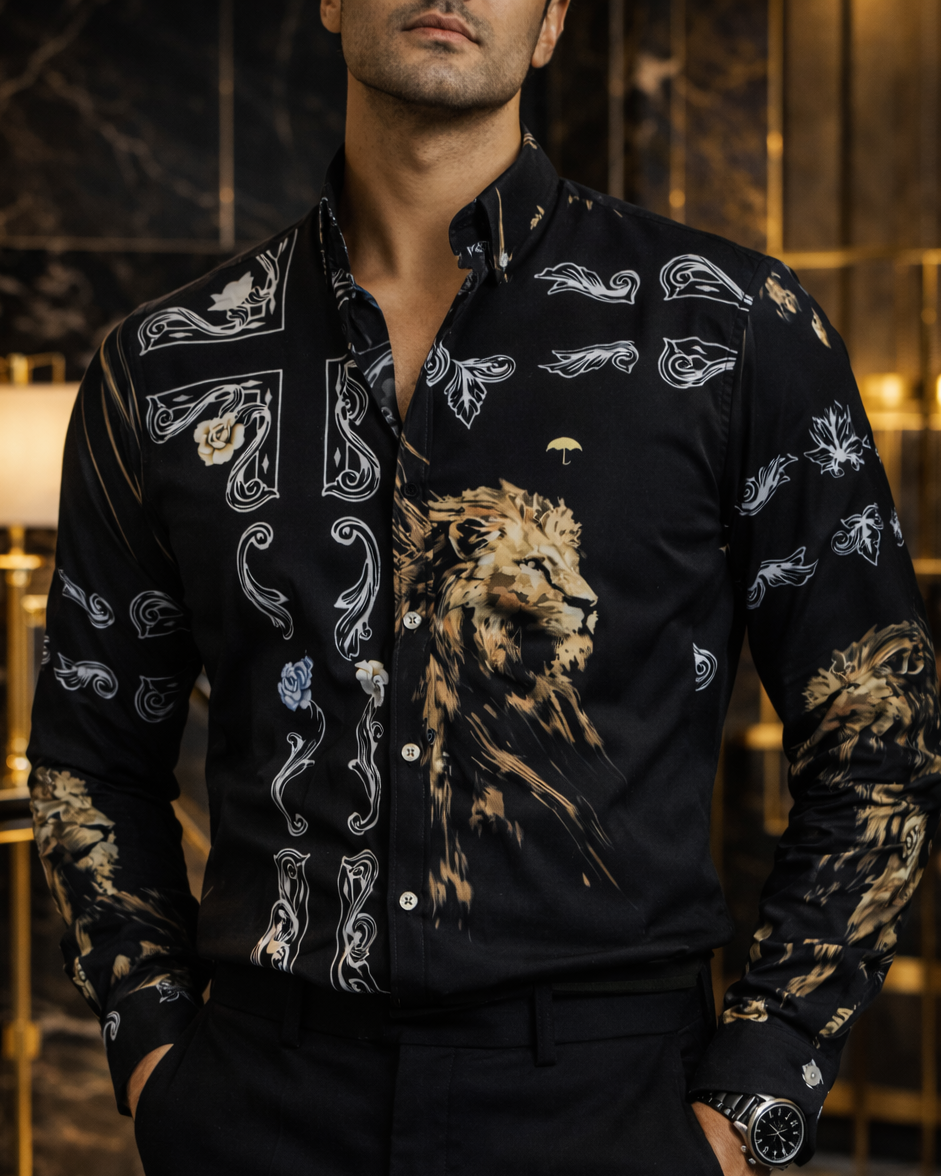 Camisa Hombre Casual Negra Leones Figuras Blancas