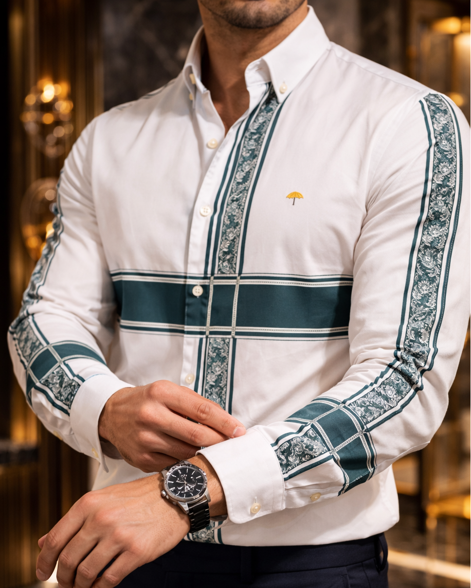 Camisa Hombre Casual Beige Franjas Azul Marino