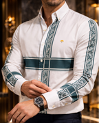 Camisa Hombre Casual Beige Franjas Azul Marino