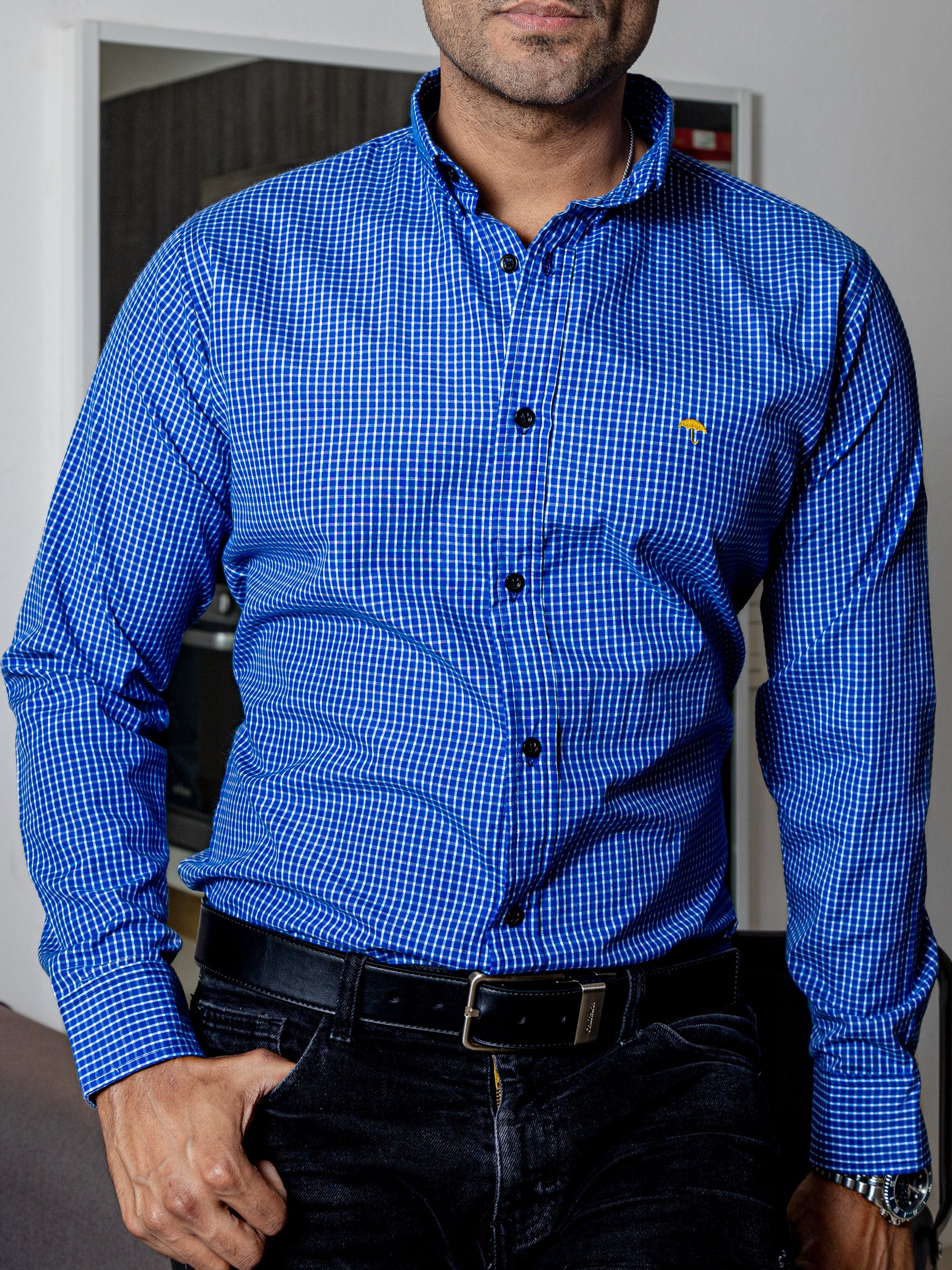 Camisa Casual Hombre MicroCuadro Azul Rey - Tiendas Platino Camisas Hombre 34 (S)