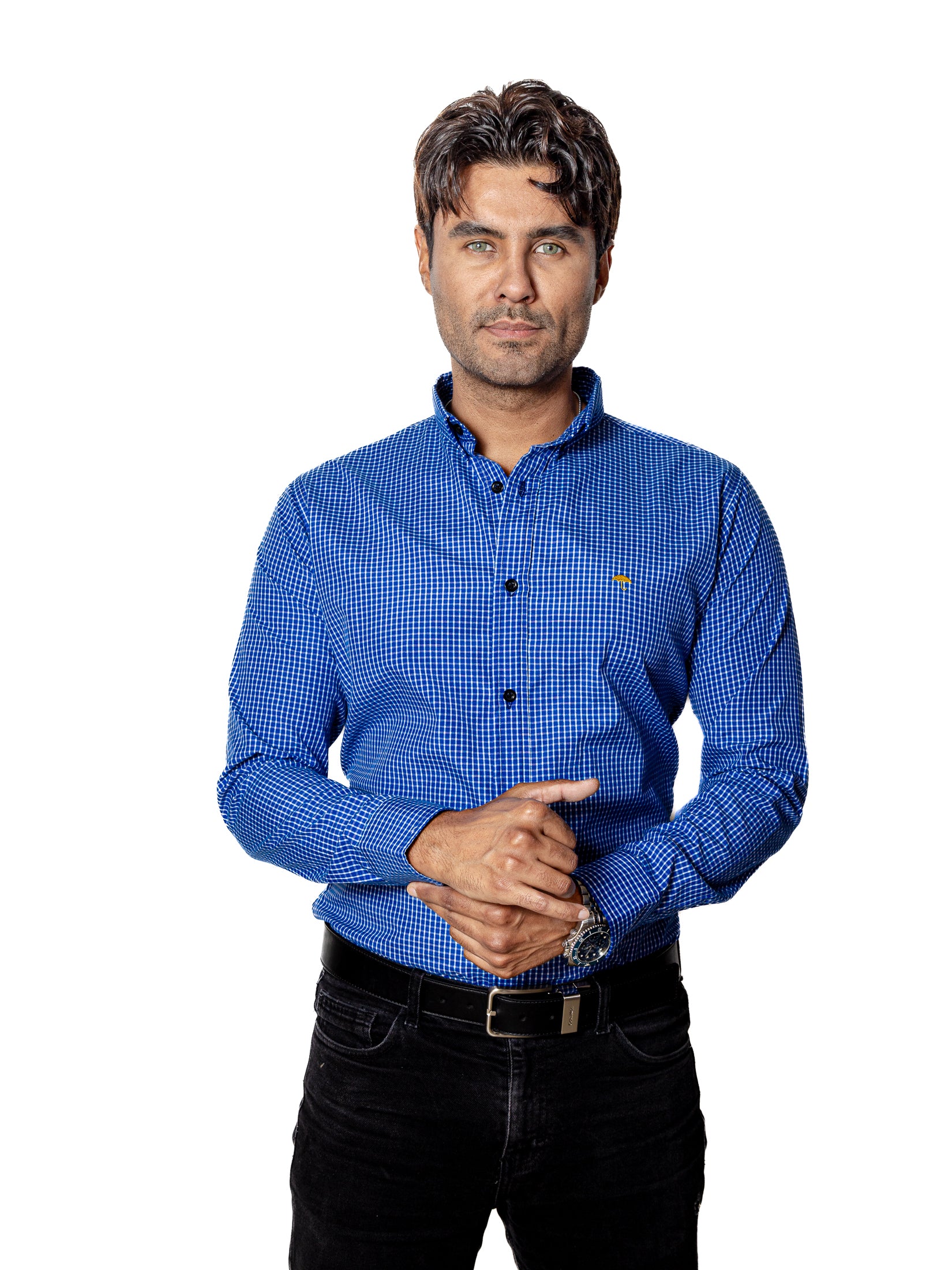Camisa Casual Hombre MicroCuadro Azul Rey - Tiendas Platino Camisas Hombre 34 (S)