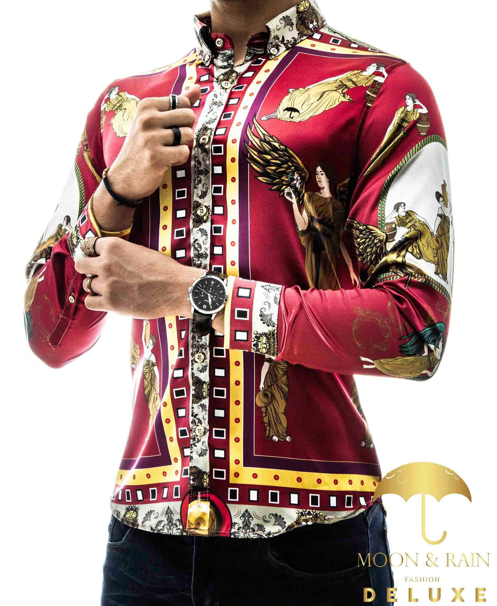 Camisa Hombre Casual Slim Fit Luis 02 Roja Con Ángeles - 34 (S)-Tiendas Platino