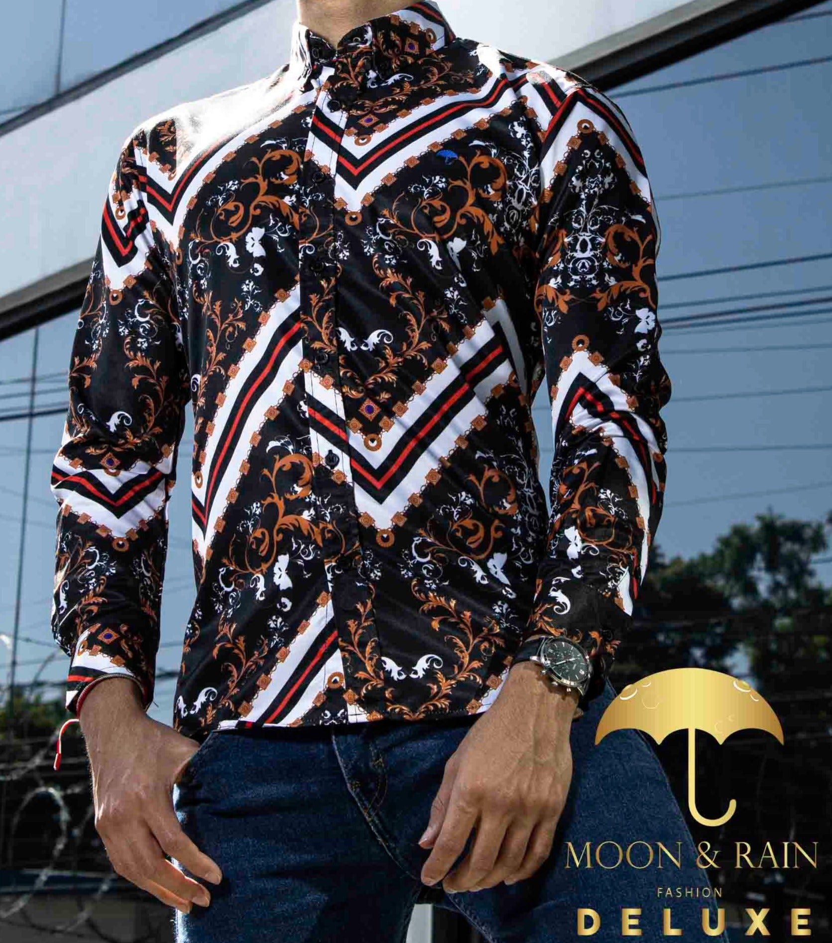 Camisa Hombre Casual Slim Fit Negra Bronce Ornamento Garigoleado Líneas Blancas - 34 (S)-Tiendas Platino