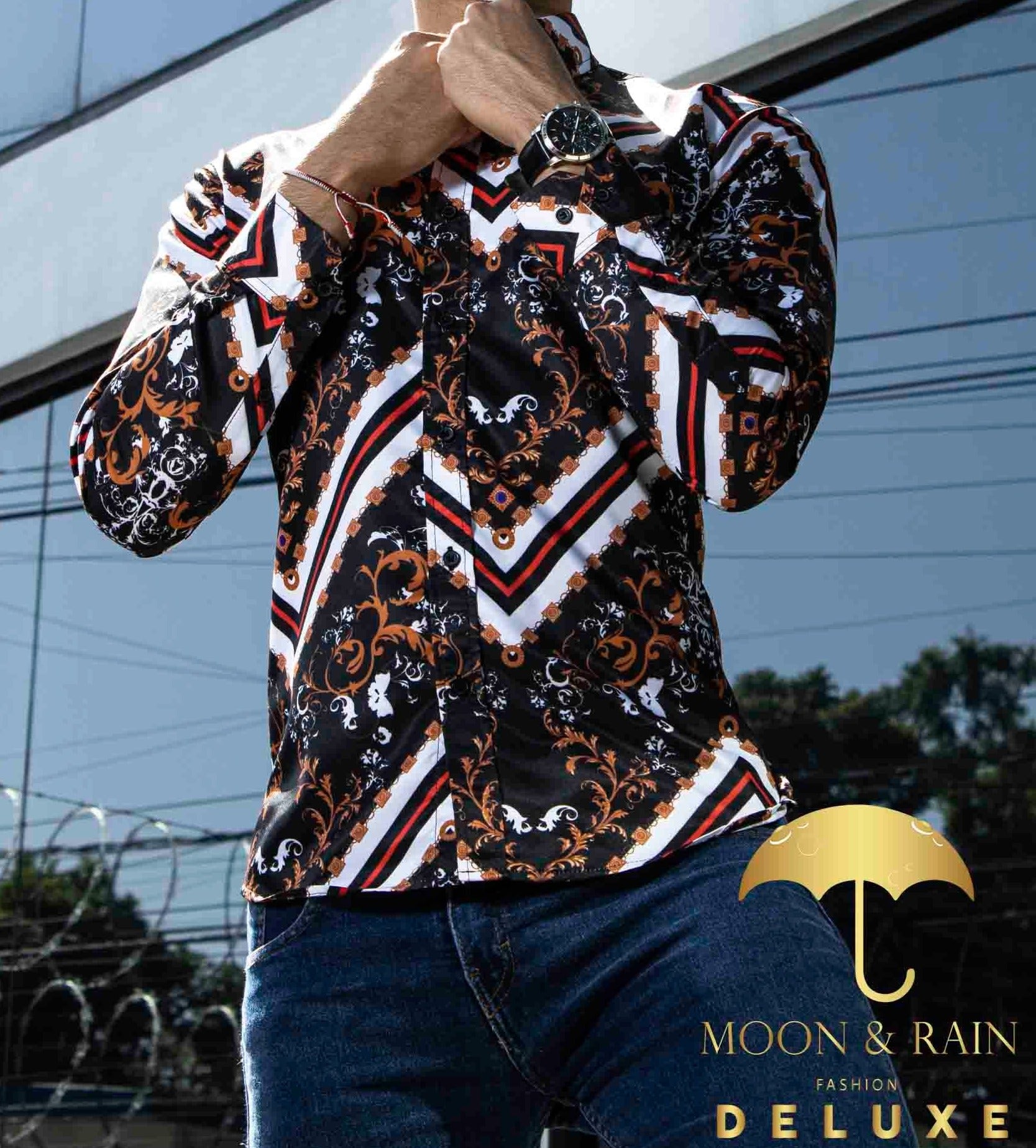 Camisa Hombre Casual Slim Fit Negra Bronce Ornamento Garigoleado Líneas Blancas - 34 (S)-Tiendas Platino