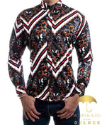 Camisa Hombre Casual Slim Fit Negra Bronce Ornamento Garigoleado Líneas Blancas - 34 (S)-Tiendas Platino