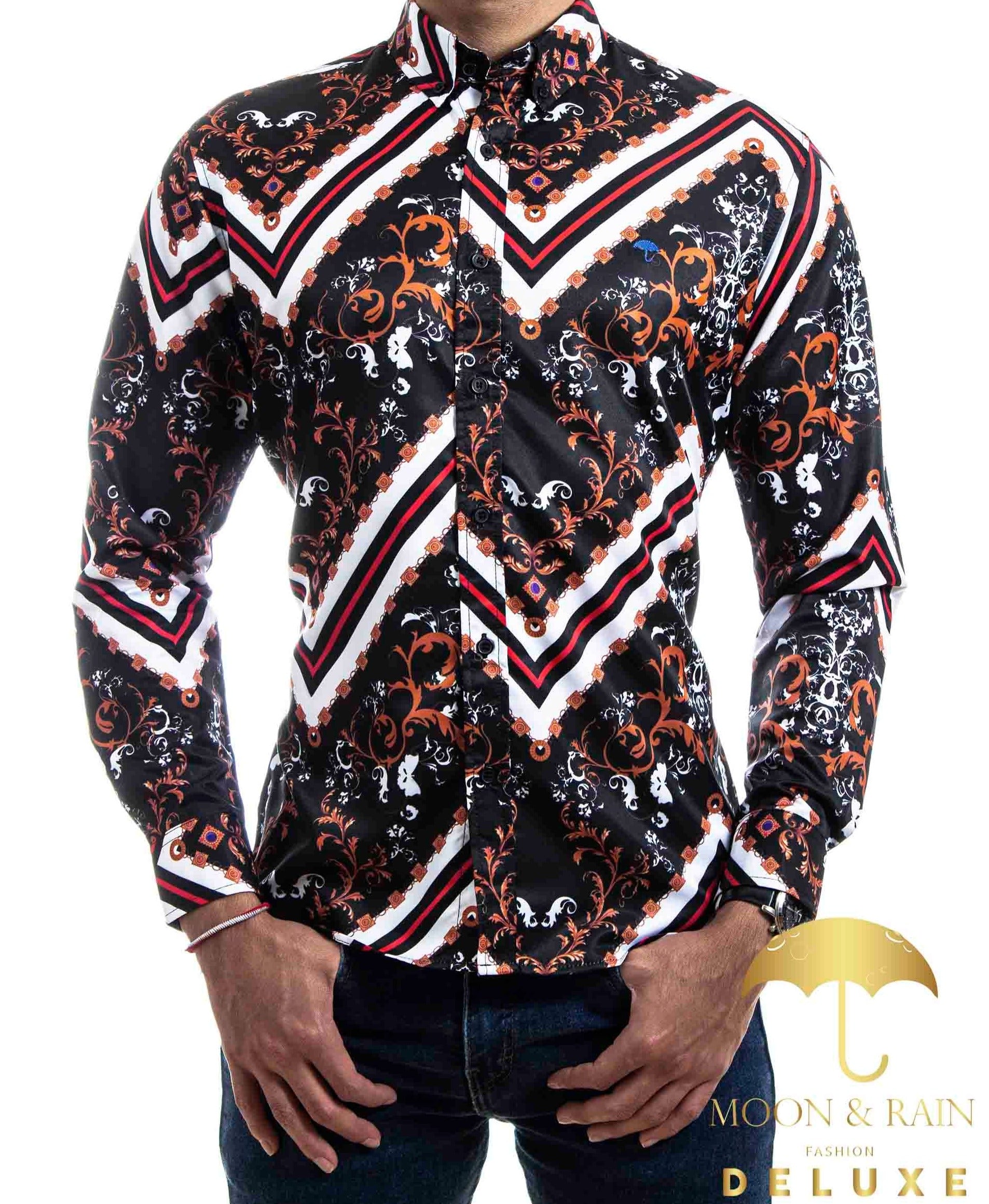 Camisa Hombre Casual Slim Fit Negra Bronce Ornamento Garigoleado Líneas Blancas - 34 (S)-Tiendas Platino