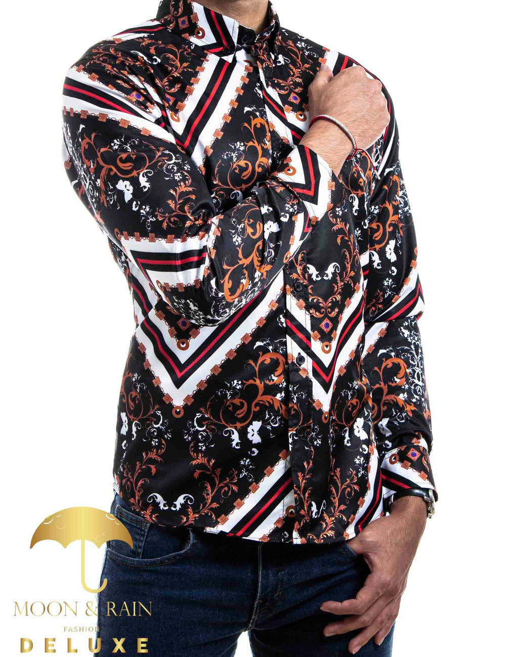 Camisa Hombre Casual Slim Fit Negra Bronce Ornamento Garigoleado Líneas Blancas - 34 (S)-Tiendas Platino