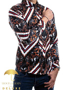 Camisa Hombre Casual Slim Fit Negra Bronce Ornamento Garigoleado Líneas Blancas - 34 (S)-Tiendas Platino