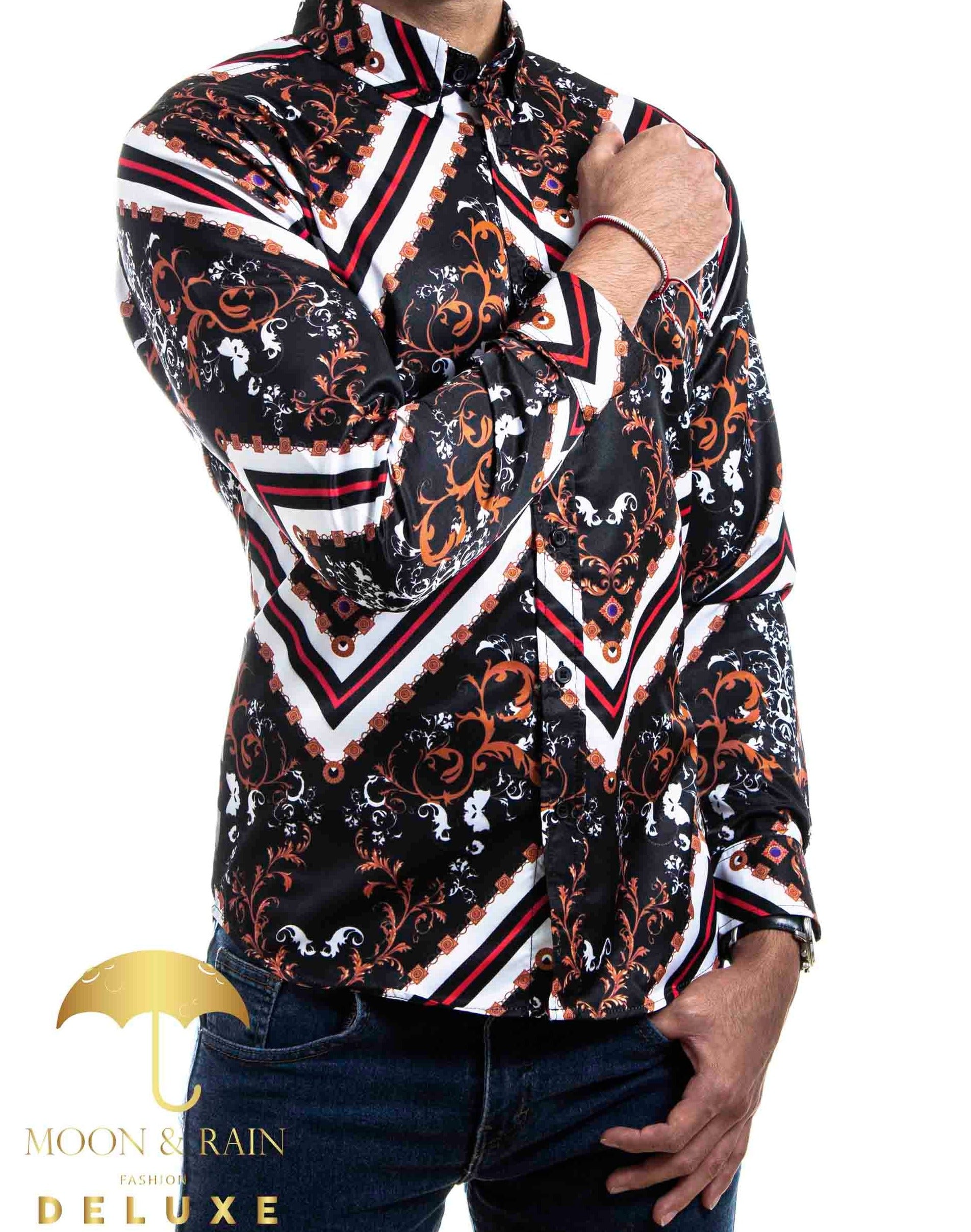 Camisa Hombre Casual Slim Fit Negra Bronce Ornamento Garigoleado Líneas Blancas - 34 (S)-Tiendas Platino