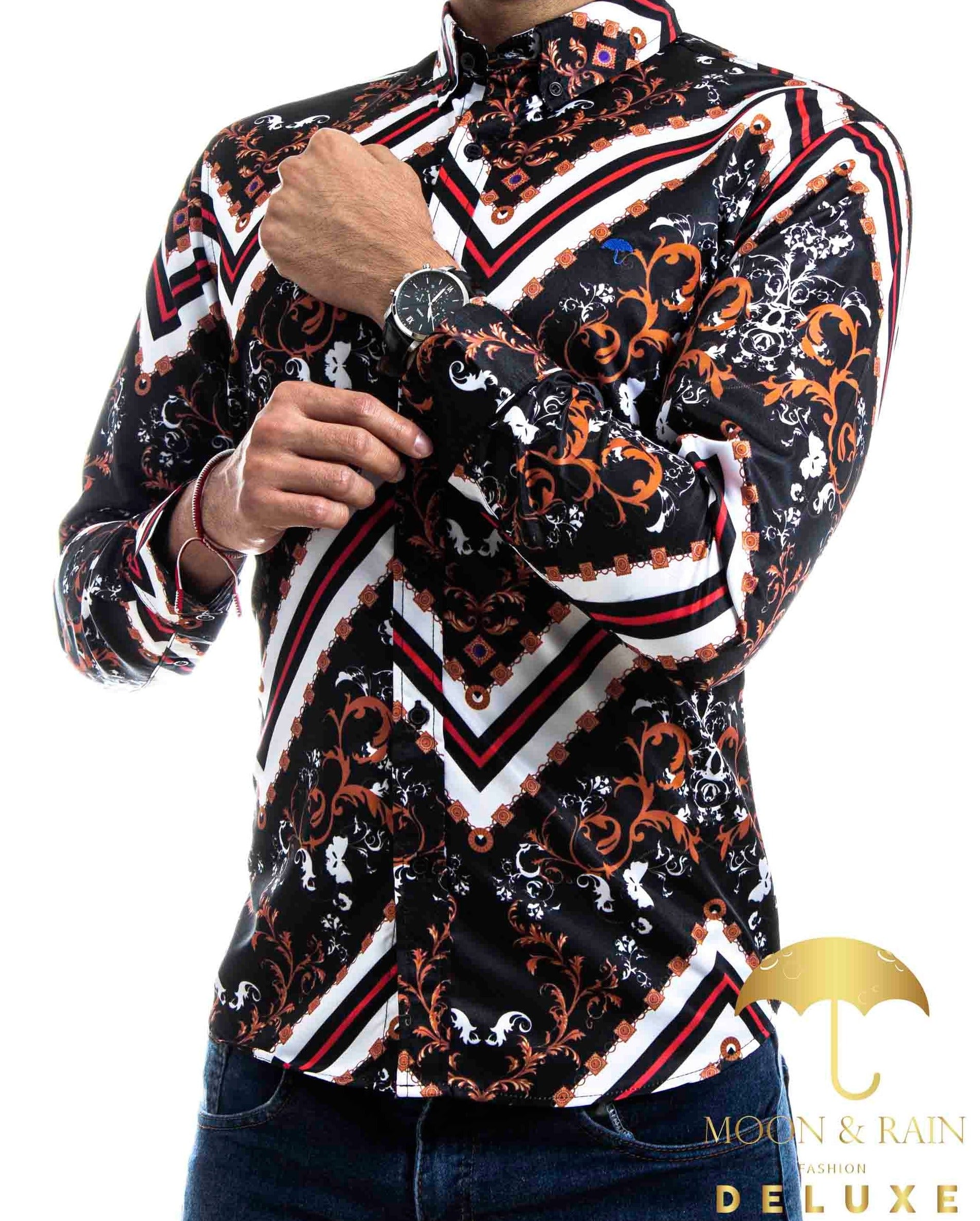 Camisa Hombre Casual Slim Fit Negra Bronce Ornamento Garigoleado Líneas Blancas - 34 (S)-Tiendas Platino