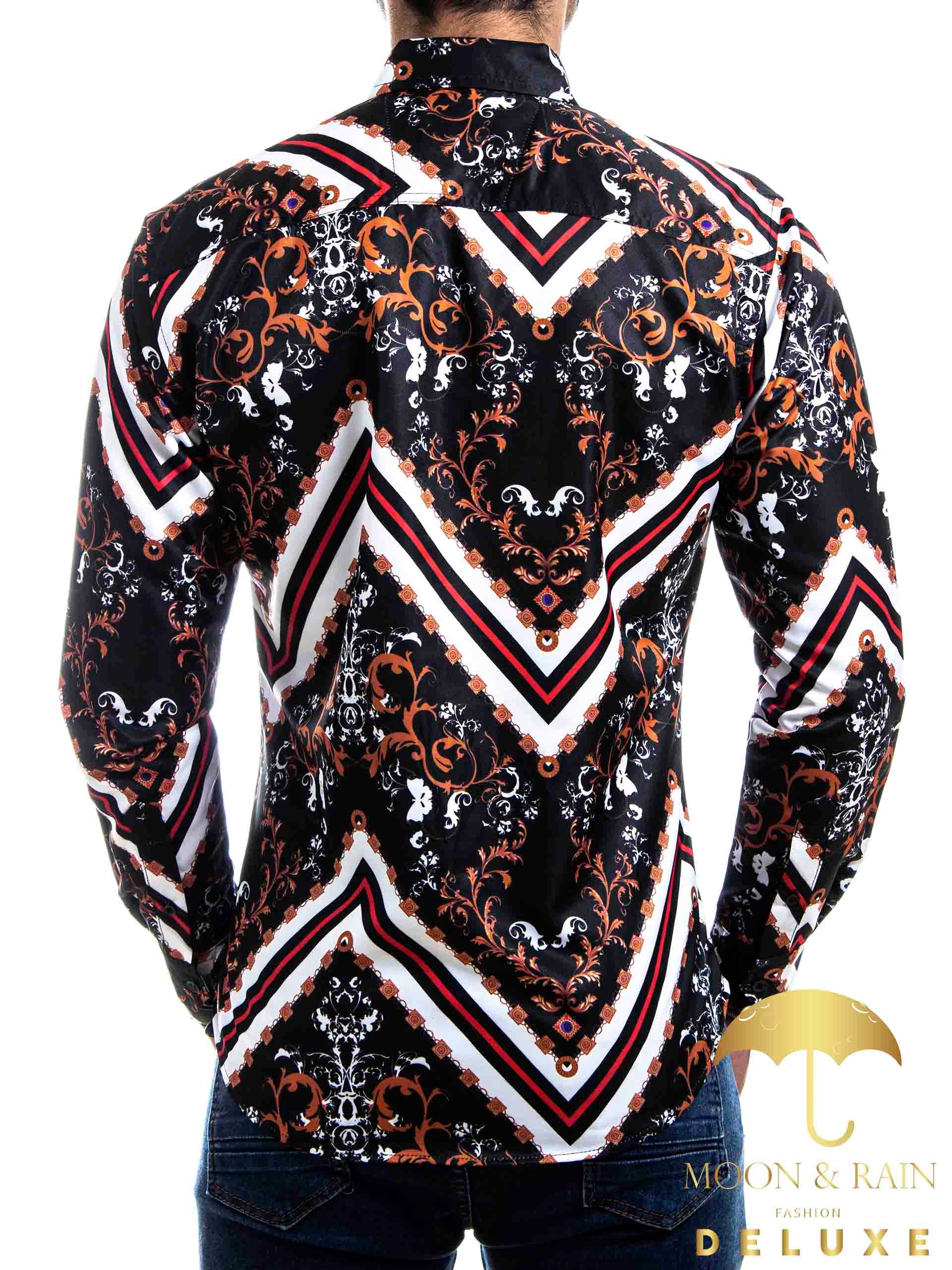 Camisa Hombre Casual Slim Fit Negra Bronce Ornamento Garigoleado Líneas Blancas - 34 (S)-Tiendas Platino