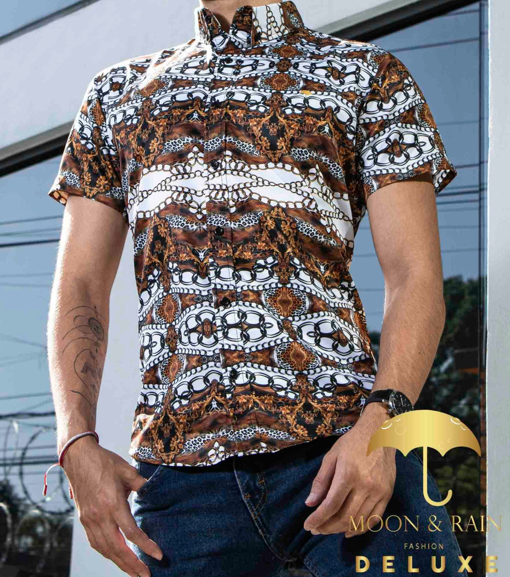 Camisa Hombre Casual Slim Fit Marrón Cadenas Blancas - 34 (S)-Tiendas Platino