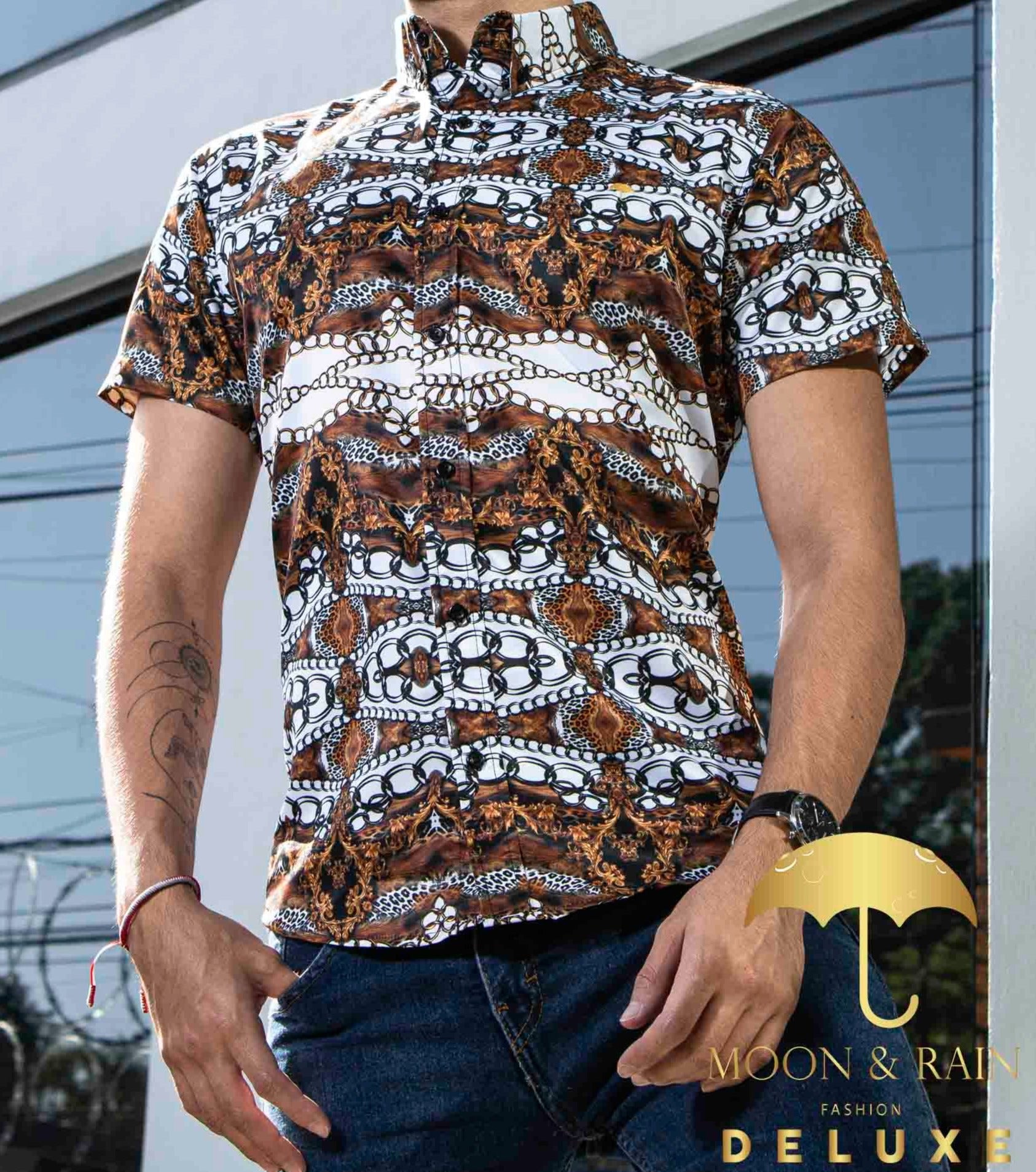 Camisa Hombre Casual Slim Fit Marrón Cadenas Blancas - 34 (S)-Tiendas Platino