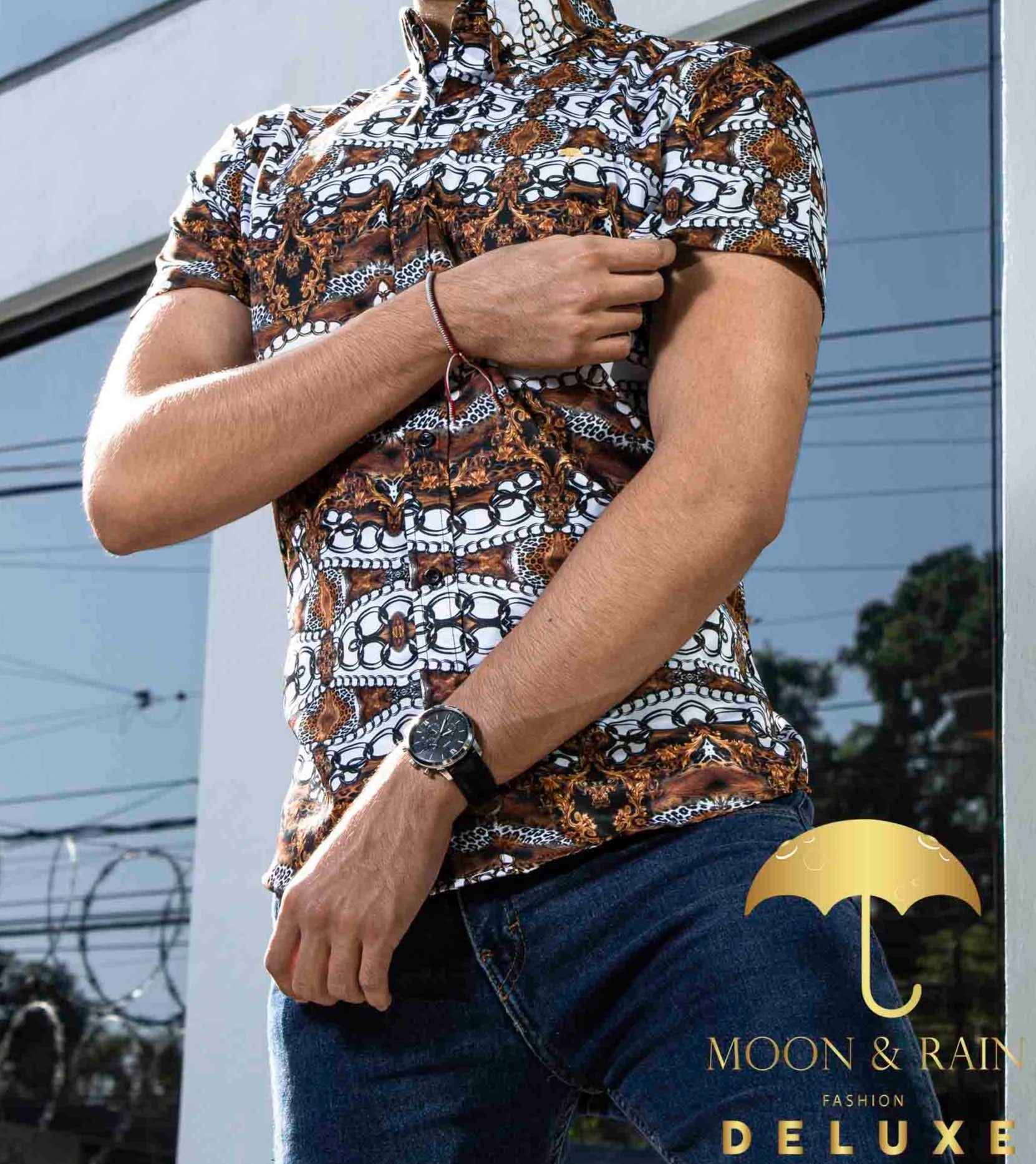 Camisa Hombre Casual Slim Fit Marrón Cadenas Blancas - 34 (S)-Tiendas Platino