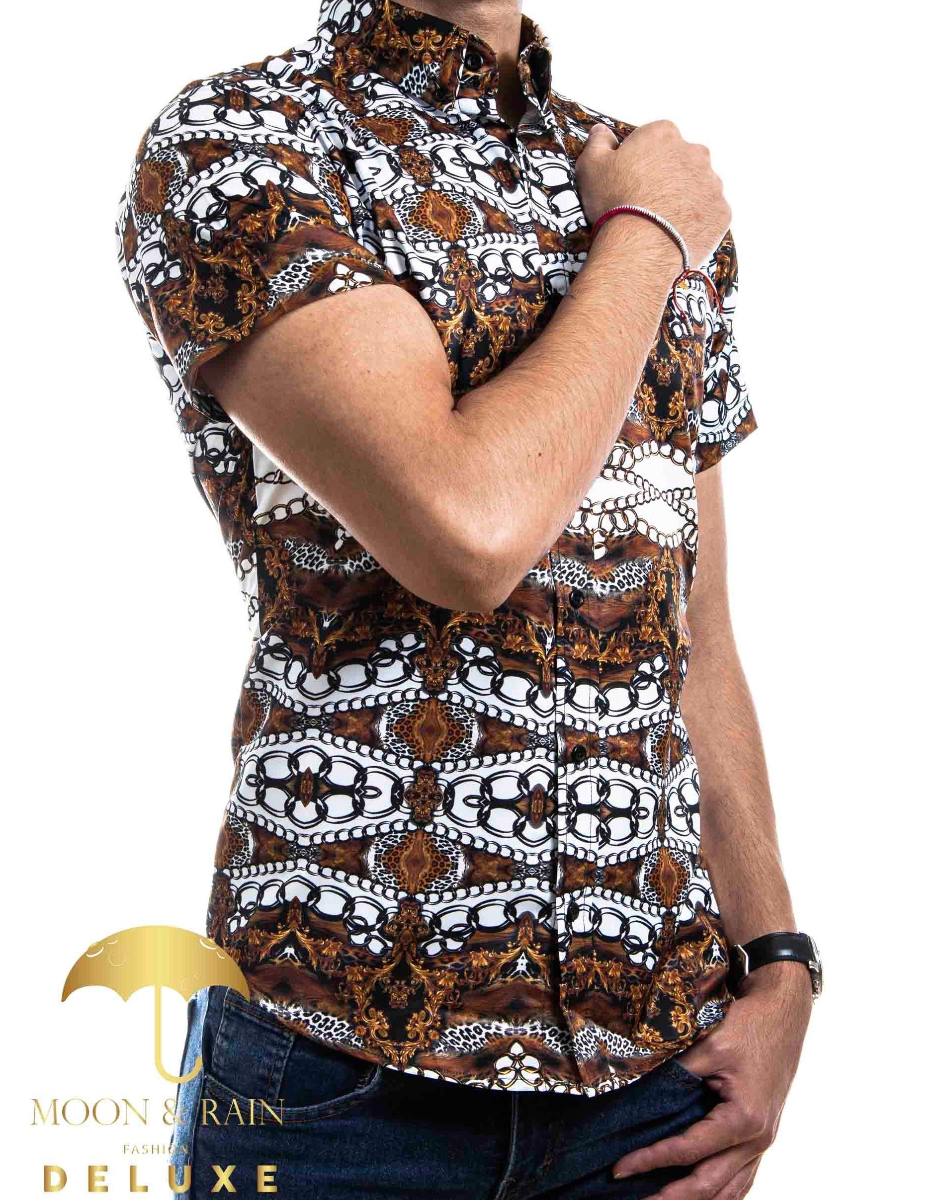 Camisa Hombre Casual Slim Fit Marrón Cadenas Blancas - 34 (S)-Tiendas Platino