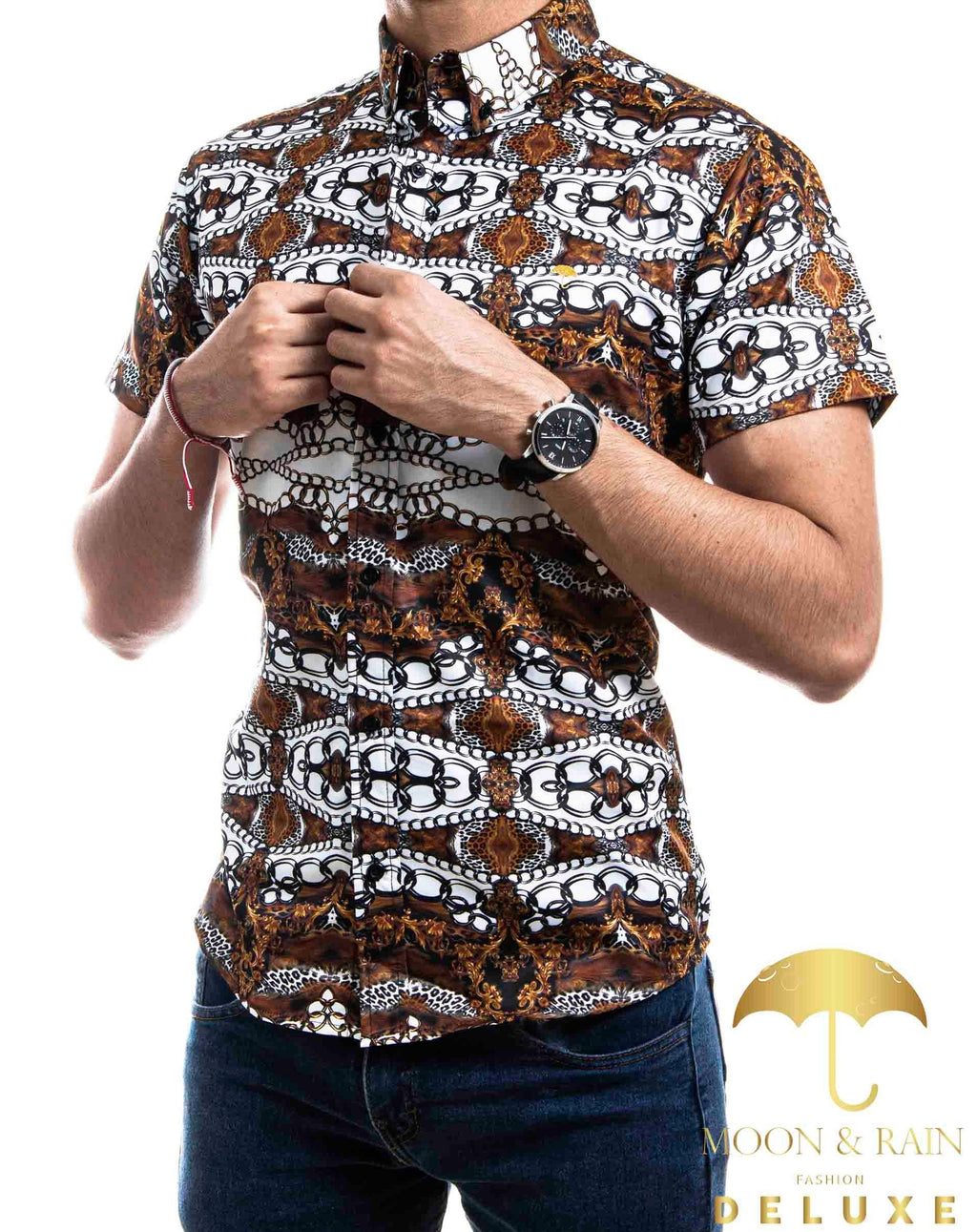 Camisa Hombre Casual Slim Fit Marrón Cadenas Blancas - 34 (S)-Tiendas Platino