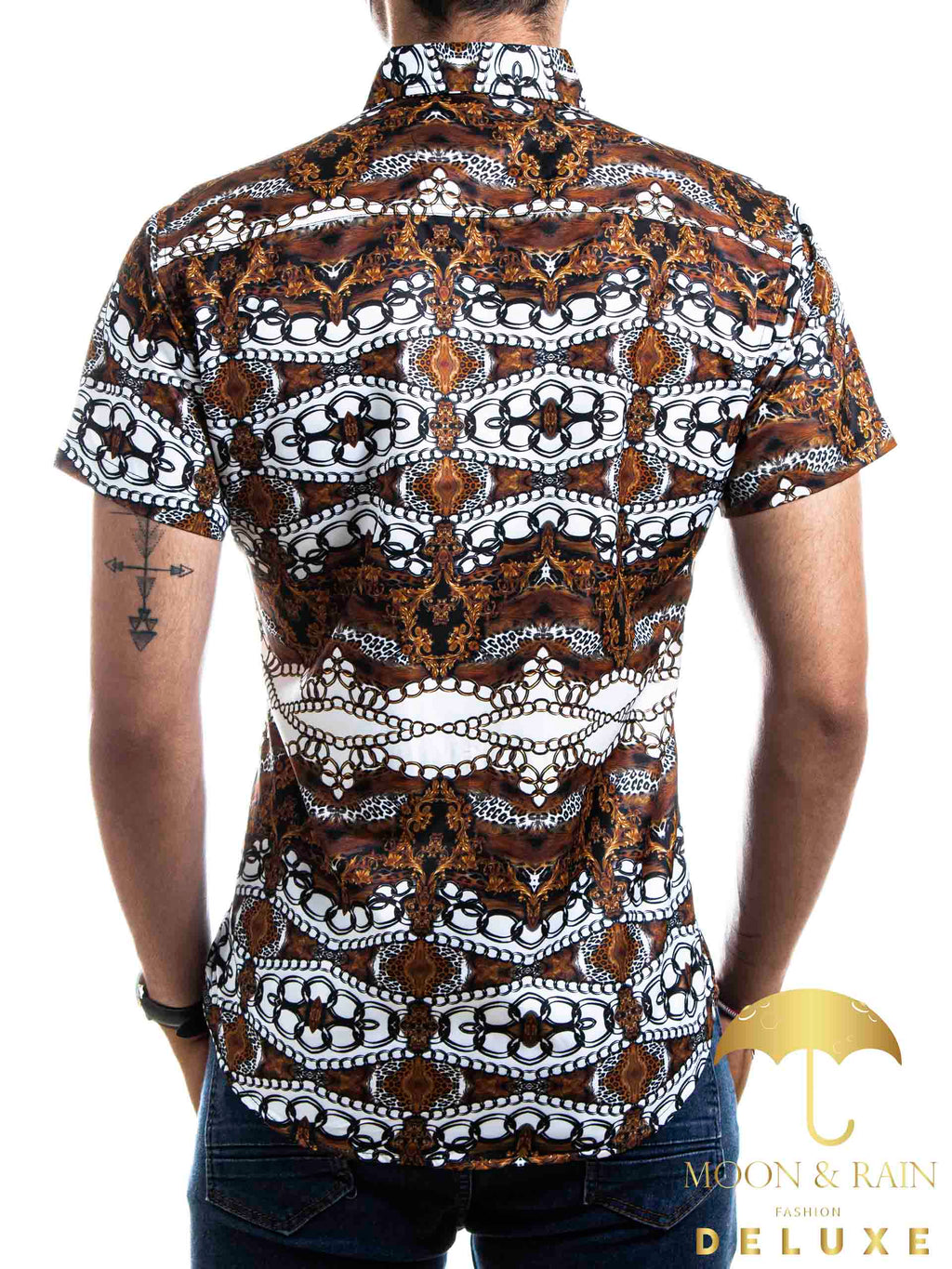 Camisa Hombre Casual Slim Fit Marrón Cadenas Blancas - 34 (S)-Tiendas Platino