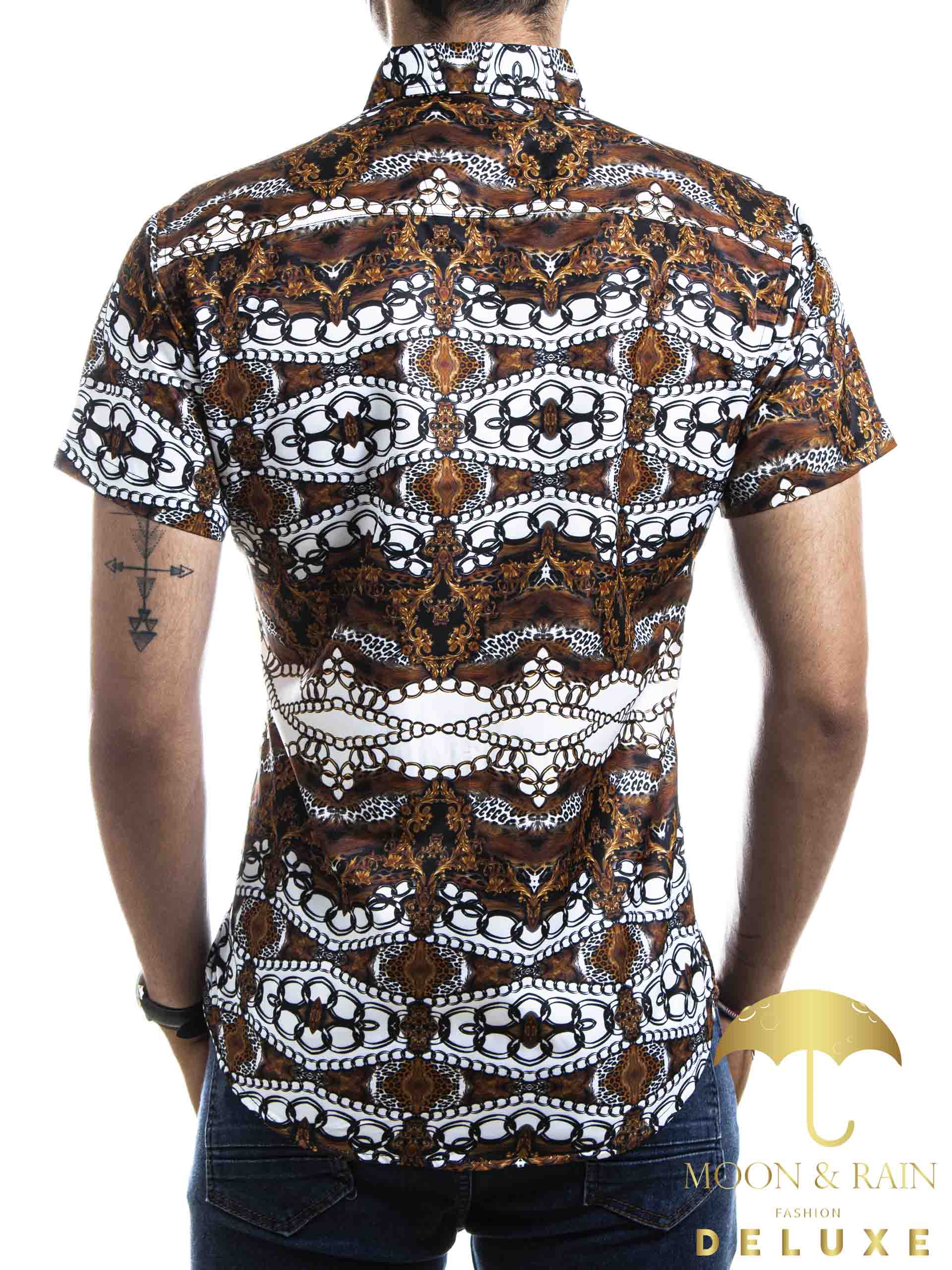 Camisa Hombre Casual Slim Fit Marrón Cadenas Blancas - 34 (S)-Tiendas Platino