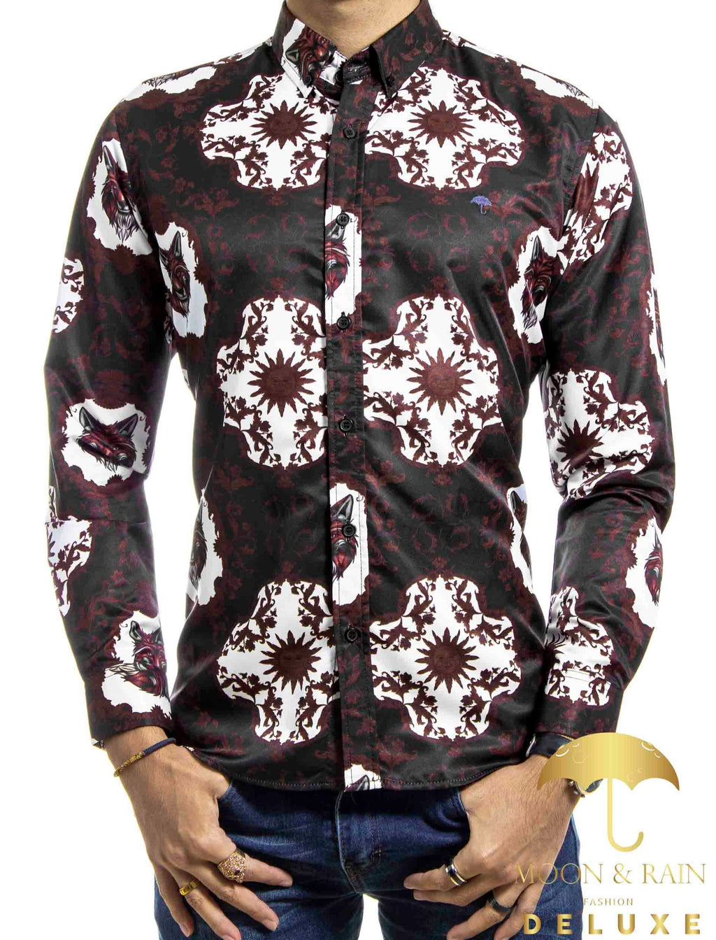 Camisa Hombre Casual Slim Fit Negra Zorro Y Sol Vino - 34 (S)-Tiendas Platino