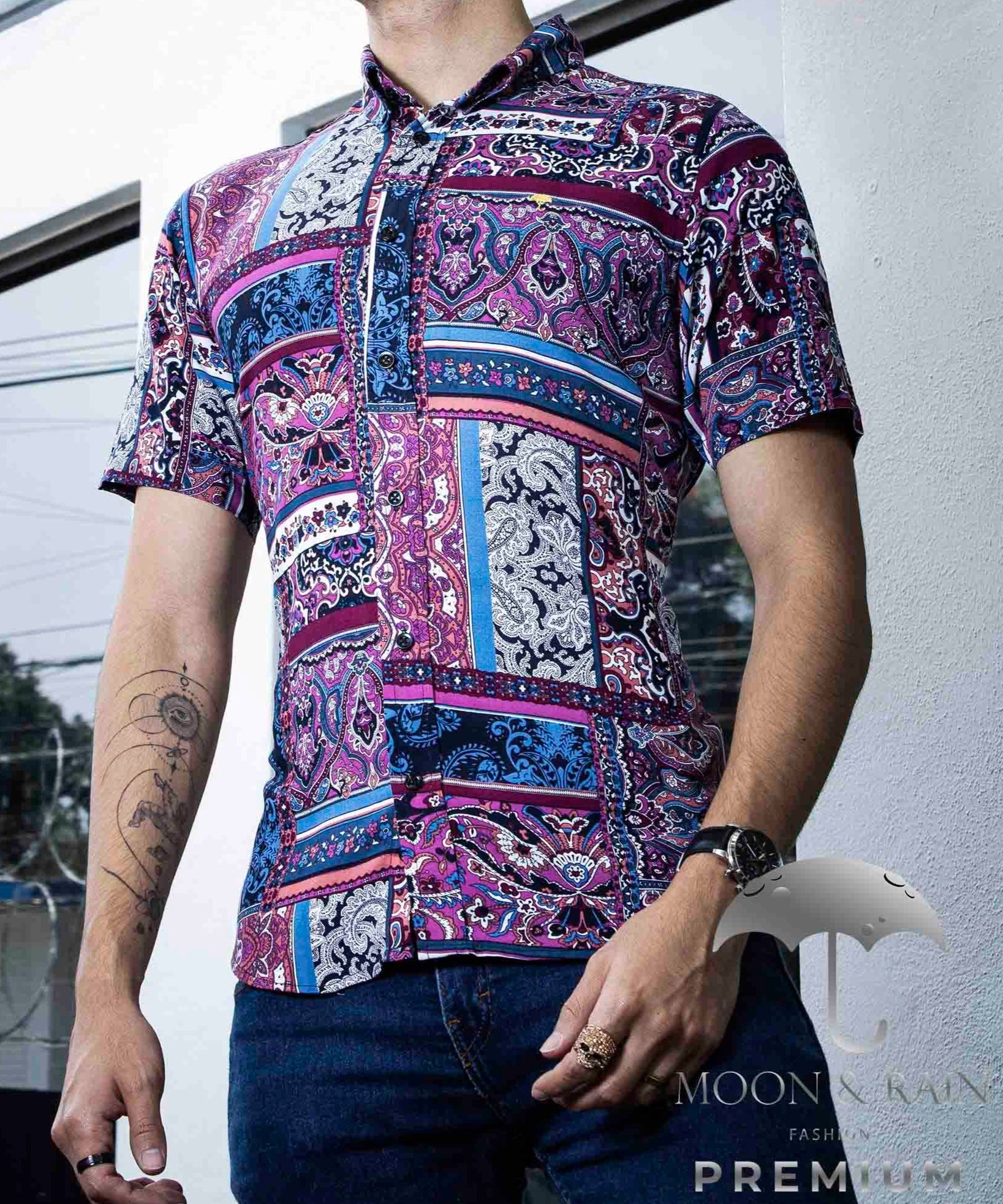 Camisa Hombre Casual Slim Fit Floreada Purpura - 34 (S)-Tiendas Platino