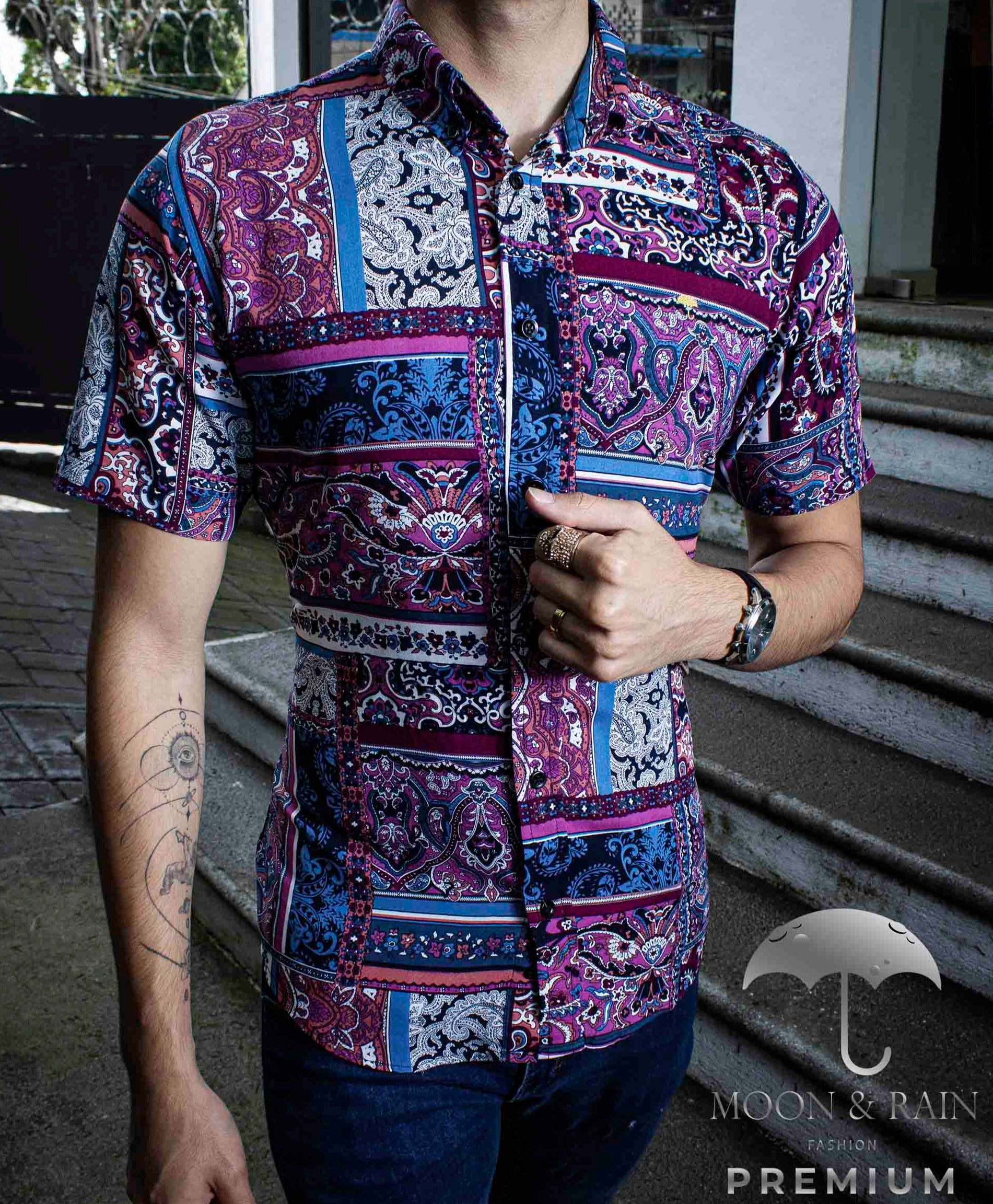 Camisa Hombre Casual Slim Fit Floreada Purpura - 34 (S)-Tiendas Platino