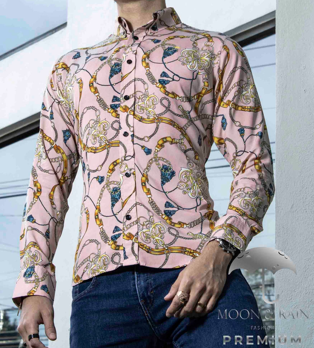 Camisa Hombre Casual Slim Fit Coral Cadenas Doradas - 34 (S)-Tiendas Platino