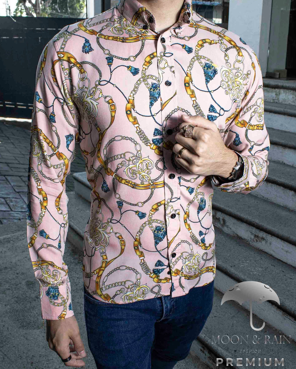 Camisa Hombre Casual Slim Fit Coral Cadenas Doradas - 34 (S)-Tiendas Platino