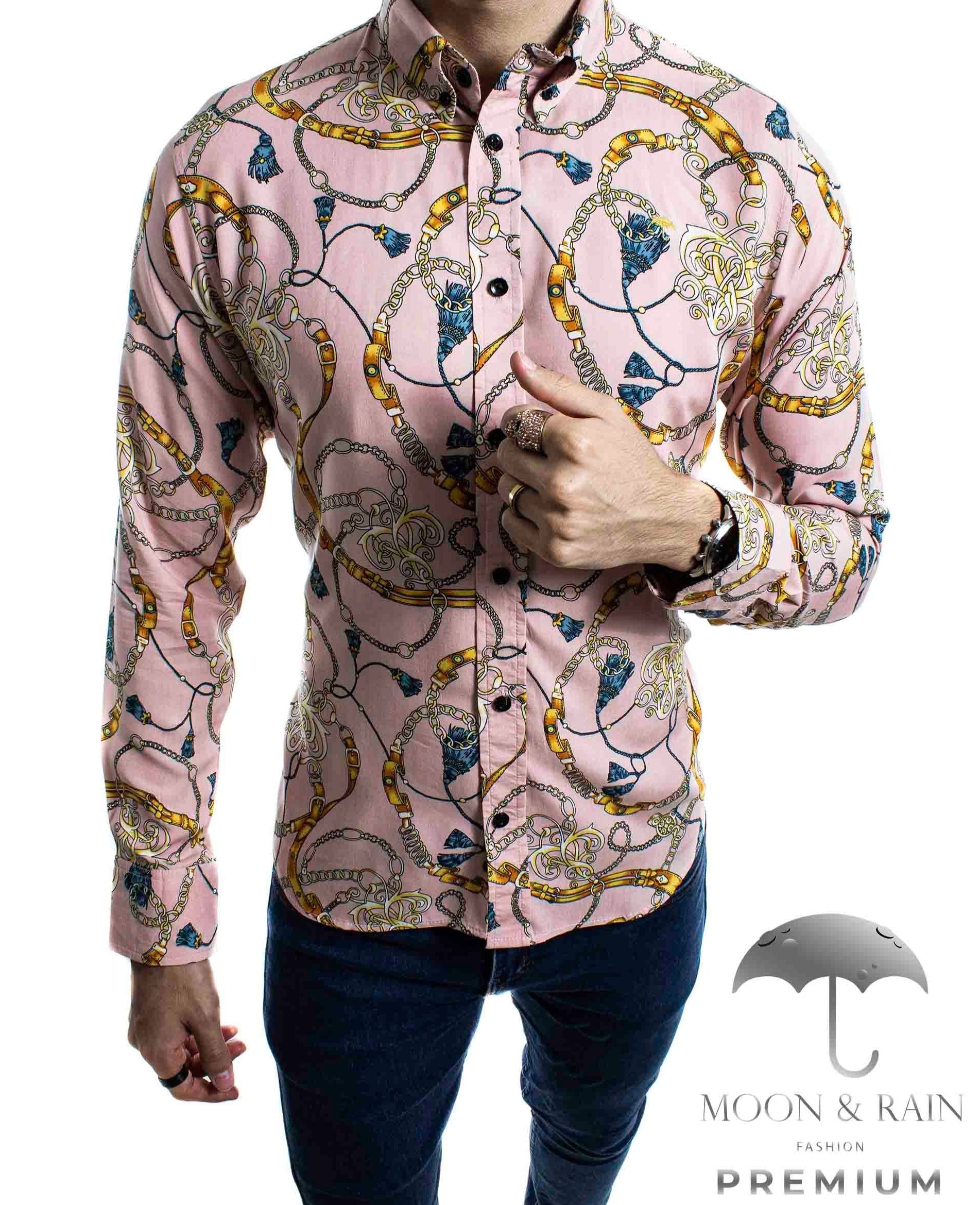 Camisa Hombre Casual Slim Fit Coral Cadenas Doradas - 34 (S)-Tiendas Platino