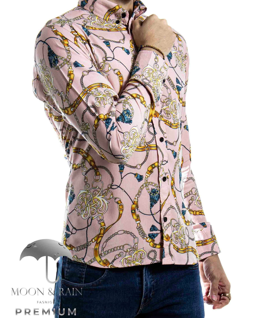 Camisa Hombre Casual Slim Fit Coral Cadenas Doradas - 34 (S)-Tiendas Platino