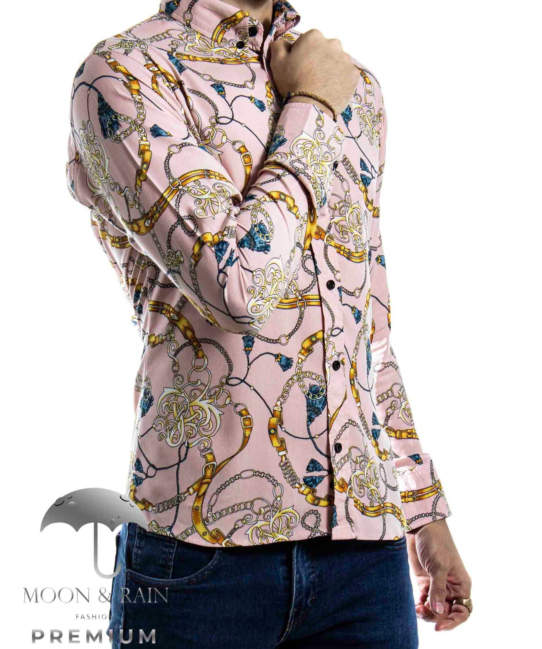 Camisa Hombre Casual Slim Fit Coral Cadenas Doradas - 34 (S)-Tiendas Platino