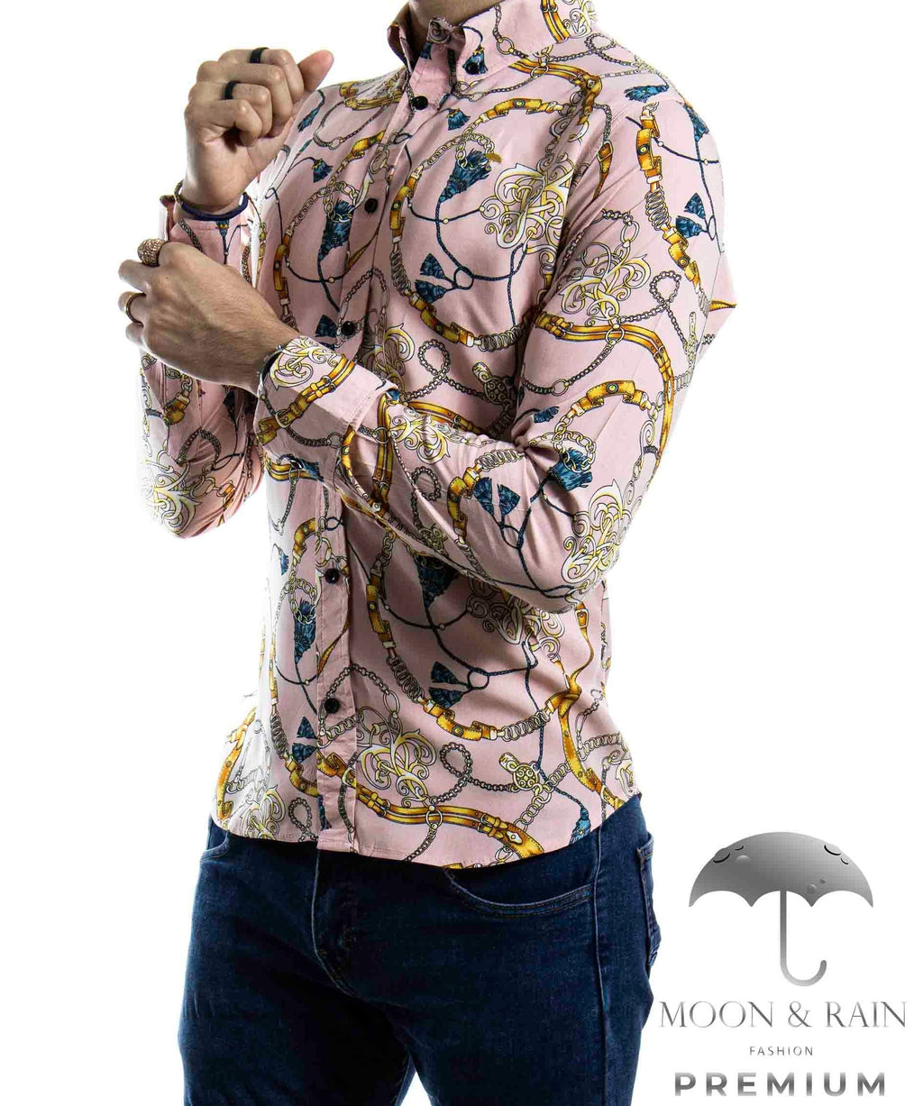 Camisa Hombre Casual Slim Fit Coral Cadenas Doradas - 34 (S)-Tiendas Platino