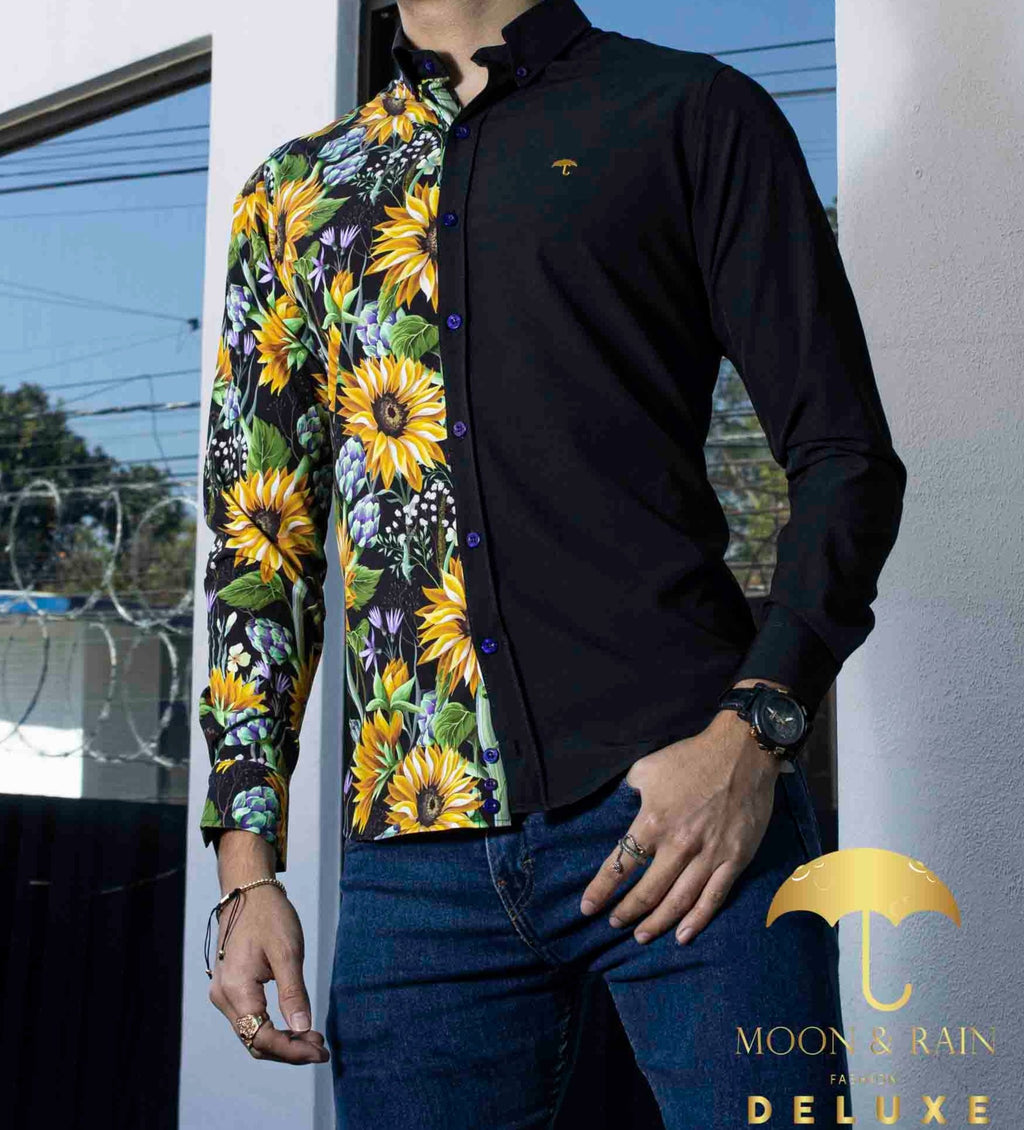 Camisa Hombre Casual Slim Fit Negra Mitad Girasoles - 34 (S)-Tiendas Platino