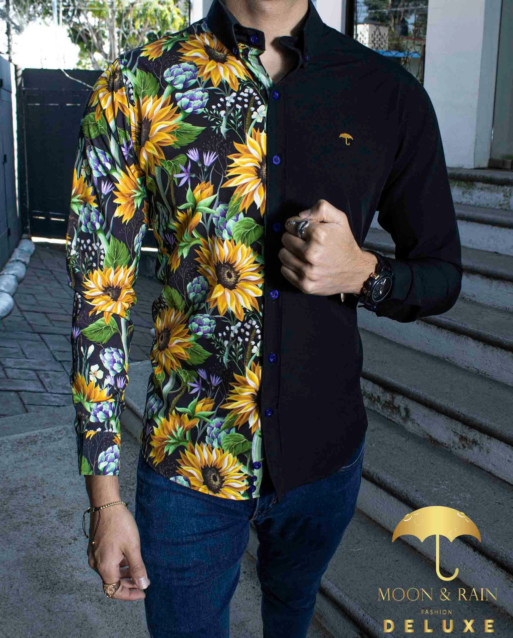 Camisa Hombre Casual Slim Fit Negra Mitad Girasoles - 34 (S)-Tiendas Platino