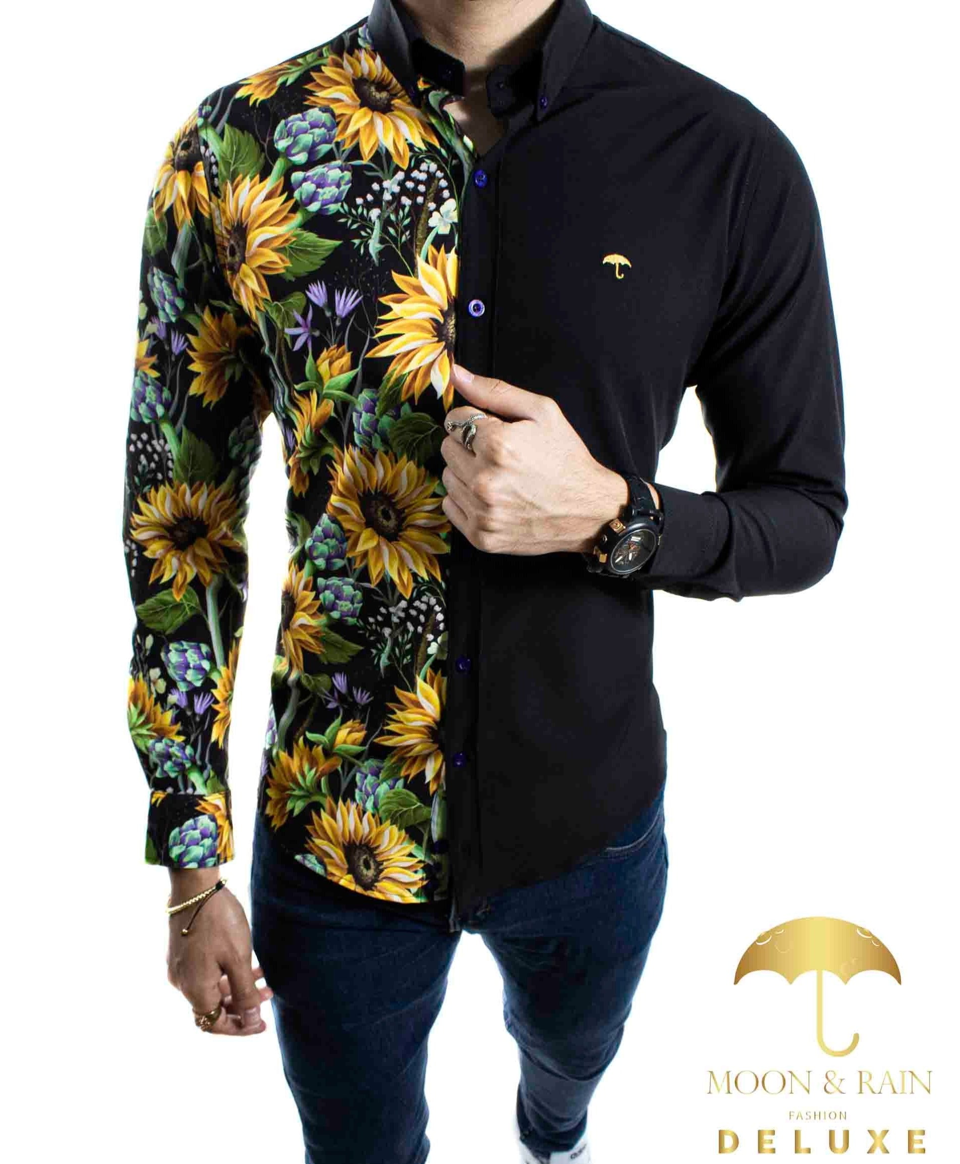 Camisa Hombre Casual Slim Fit Negra Mitad Girasoles - 34 (S)-Tiendas Platino