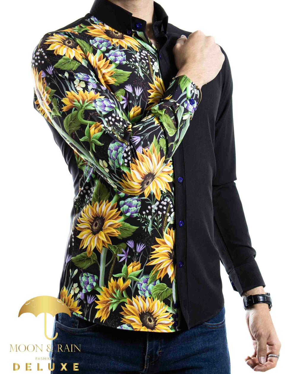 Camisa Hombre Casual Slim Fit Negra Mitad Girasoles - 34 (S)-Tiendas Platino