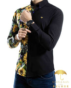 Camisa Hombre Casual Slim Fit Negra Mitad Girasoles - 34 (S)-Tiendas Platino