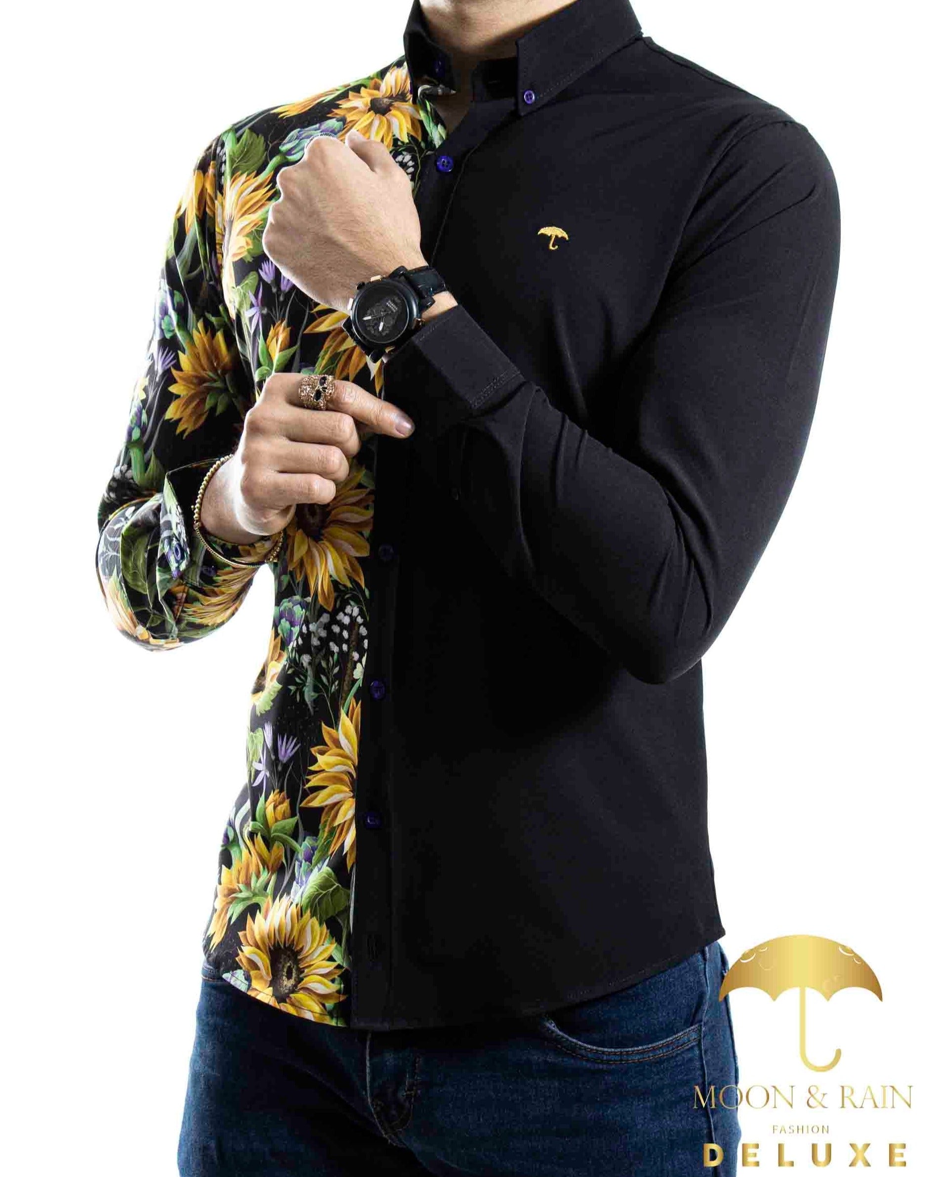 Camisa Hombre Casual Slim Fit Negra Mitad Girasoles - 34 (S)-Tiendas Platino