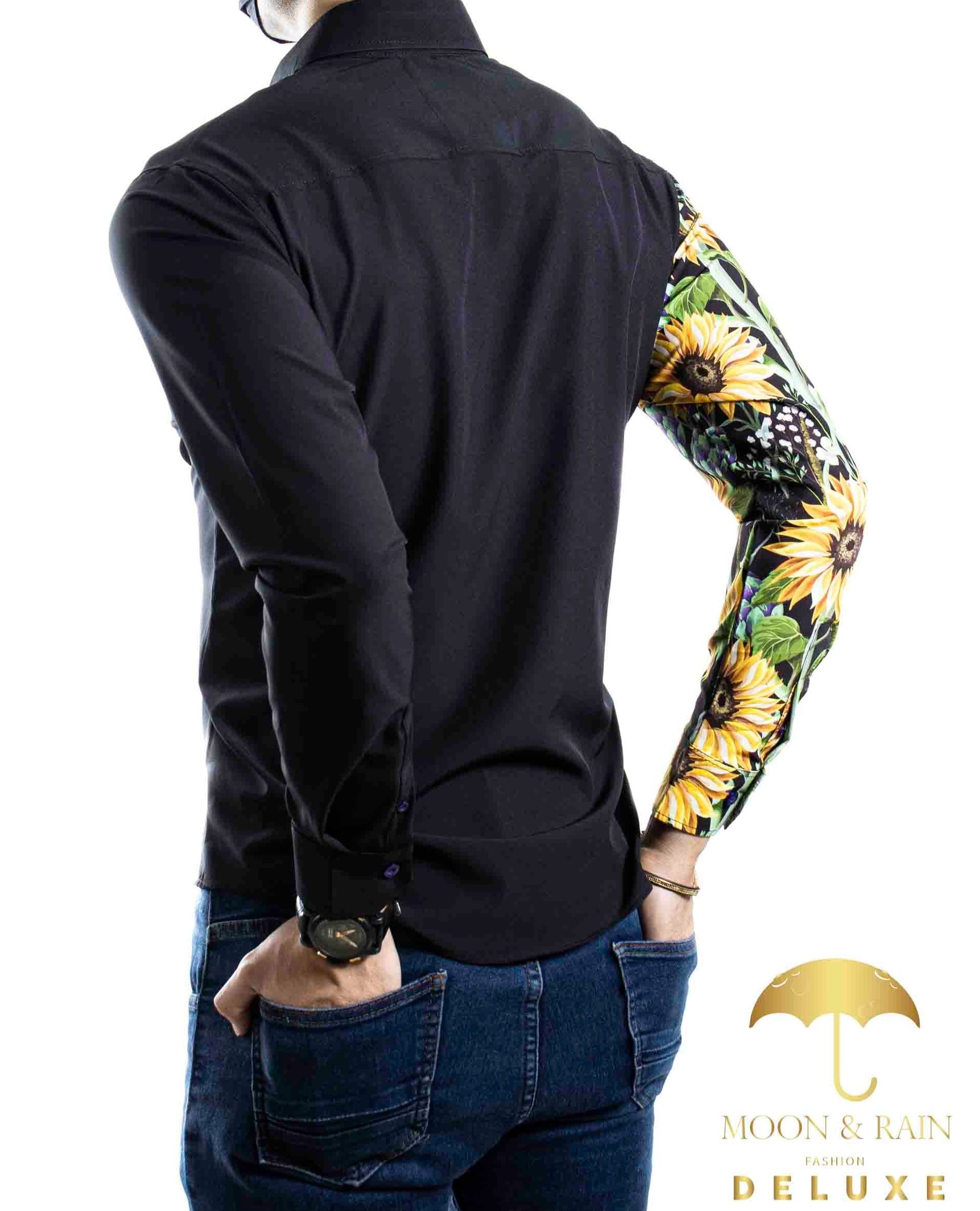 Camisa Hombre Casual Slim Fit Negra Mitad Girasoles - 34 (S)-Tiendas Platino