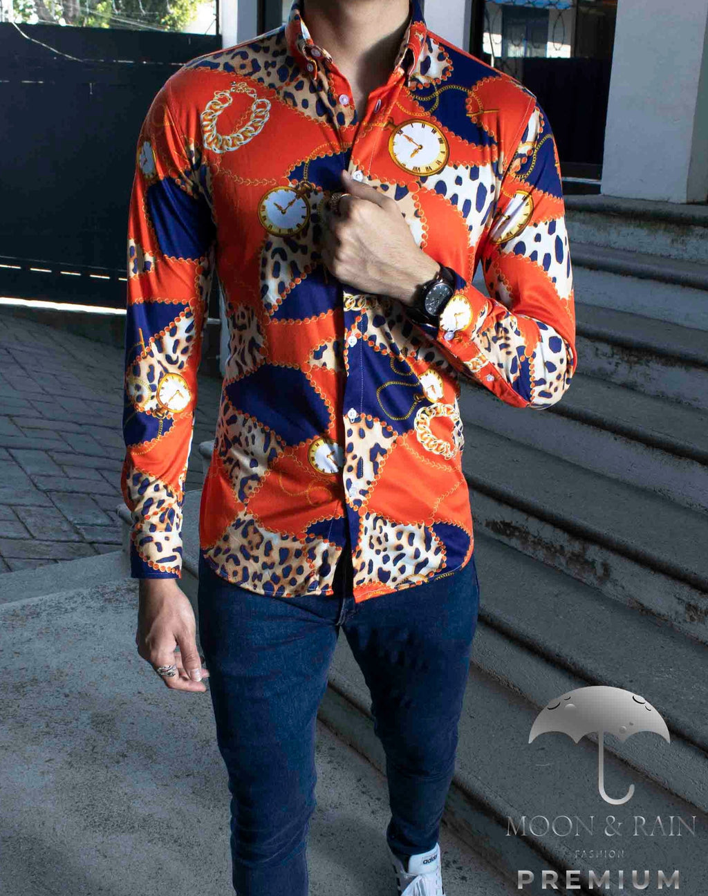 Camisa Hombre Casual Slim Fit Animal Print Naranja, Azul Rey - 34 (S)-Tiendas Platino