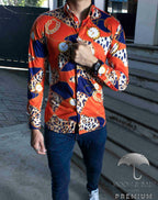 Camisa Hombre Casual Slim Fit Animal Print Naranja, Azul Rey - 34 (S)-Tiendas Platino