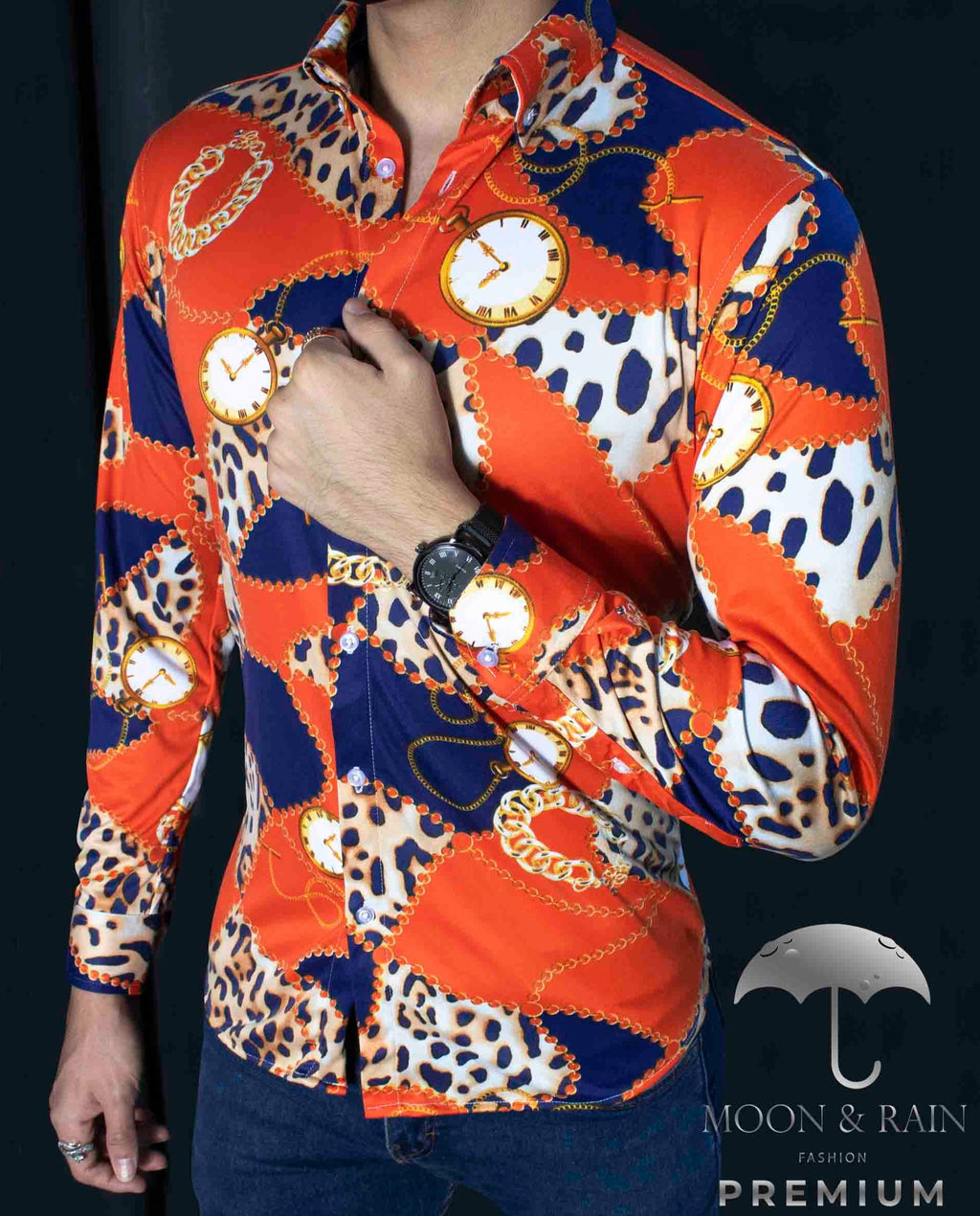 Camisa Hombre Casual Slim Fit Animal Print Naranja, Azul Rey - 34 (S)-Tiendas Platino