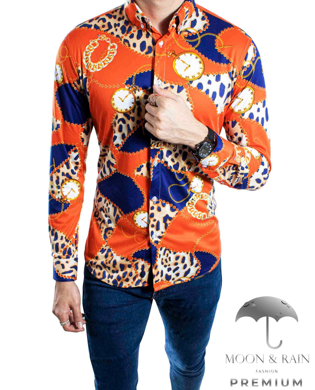 Camisa Hombre Casual Slim Fit Animal Print Naranja, Azul Rey - 34 (S)-Tiendas Platino