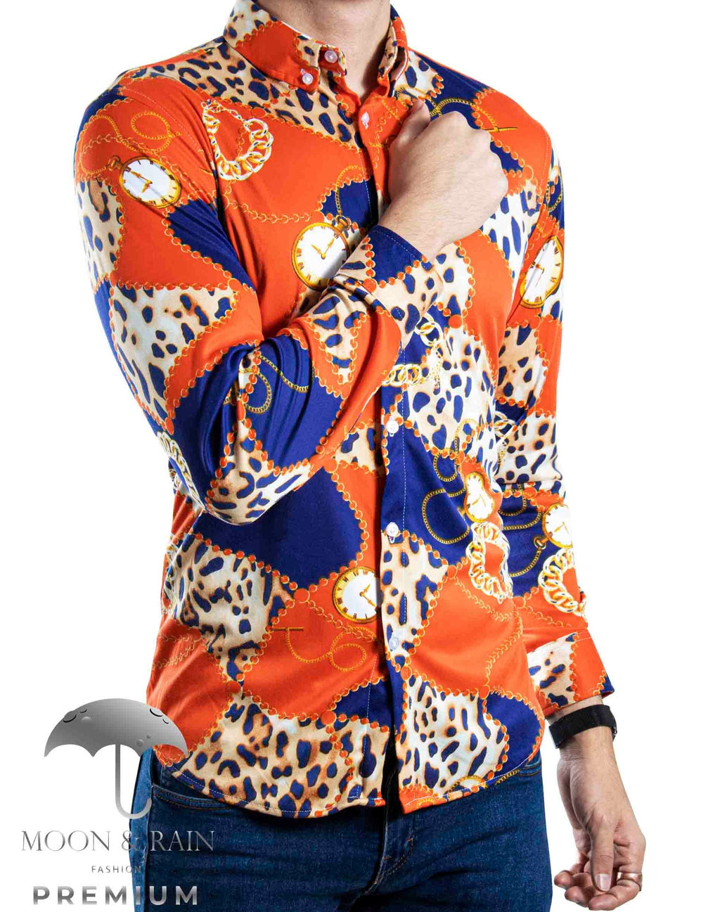 Camisa Hombre Casual Slim Fit Animal Print Naranja, Azul Rey - 34 (S)-Tiendas Platino