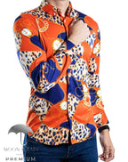 Camisa Hombre Casual Slim Fit Animal Print Naranja, Azul Rey - 34 (S)-Tiendas Platino
