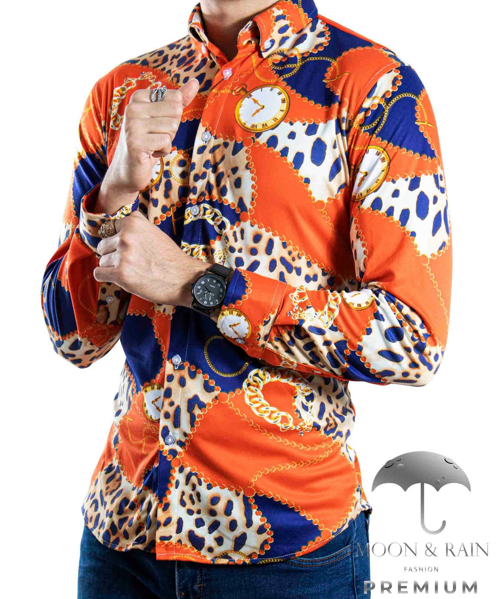 Camisa Hombre Casual Slim Fit Animal Print Naranja, Azul Rey - 34 (S)-Tiendas Platino