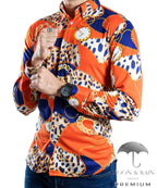 Camisa Hombre Casual Slim Fit Animal Print Naranja, Azul Rey - 34 (S)-Tiendas Platino