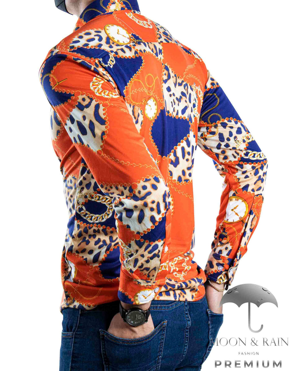 Camisa Hombre Casual Slim Fit Animal Print Naranja, Azul Rey - 34 (S)-Tiendas Platino